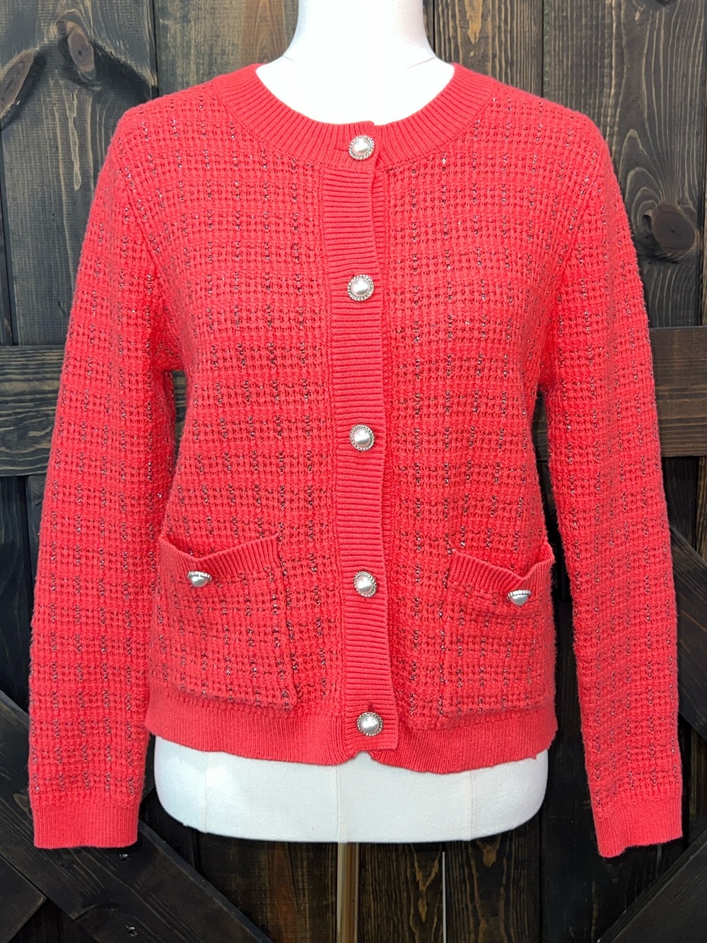 Urban Coco Pearl Button Knit Cardigan Sweater Coral Metallic M Old Money Prep